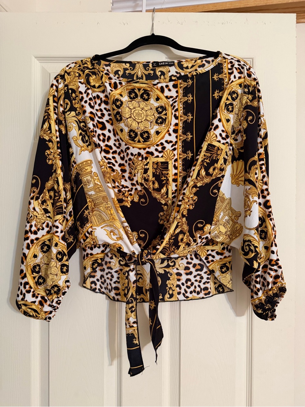 SHEIN Black White & Gold Baroque-Print Tie-Front Wrap Blouse
